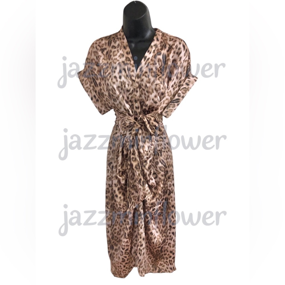 Steve Madden‎ TORI Tony leopard animal print satin look belted shirtdress size M